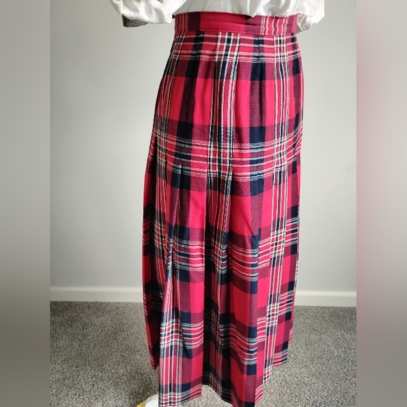 Pendleton Vintage 80s Wool Pleated Maxi Skirt Preppy Navy Blue Red Plaid Size 8 - Picture 7 of 15